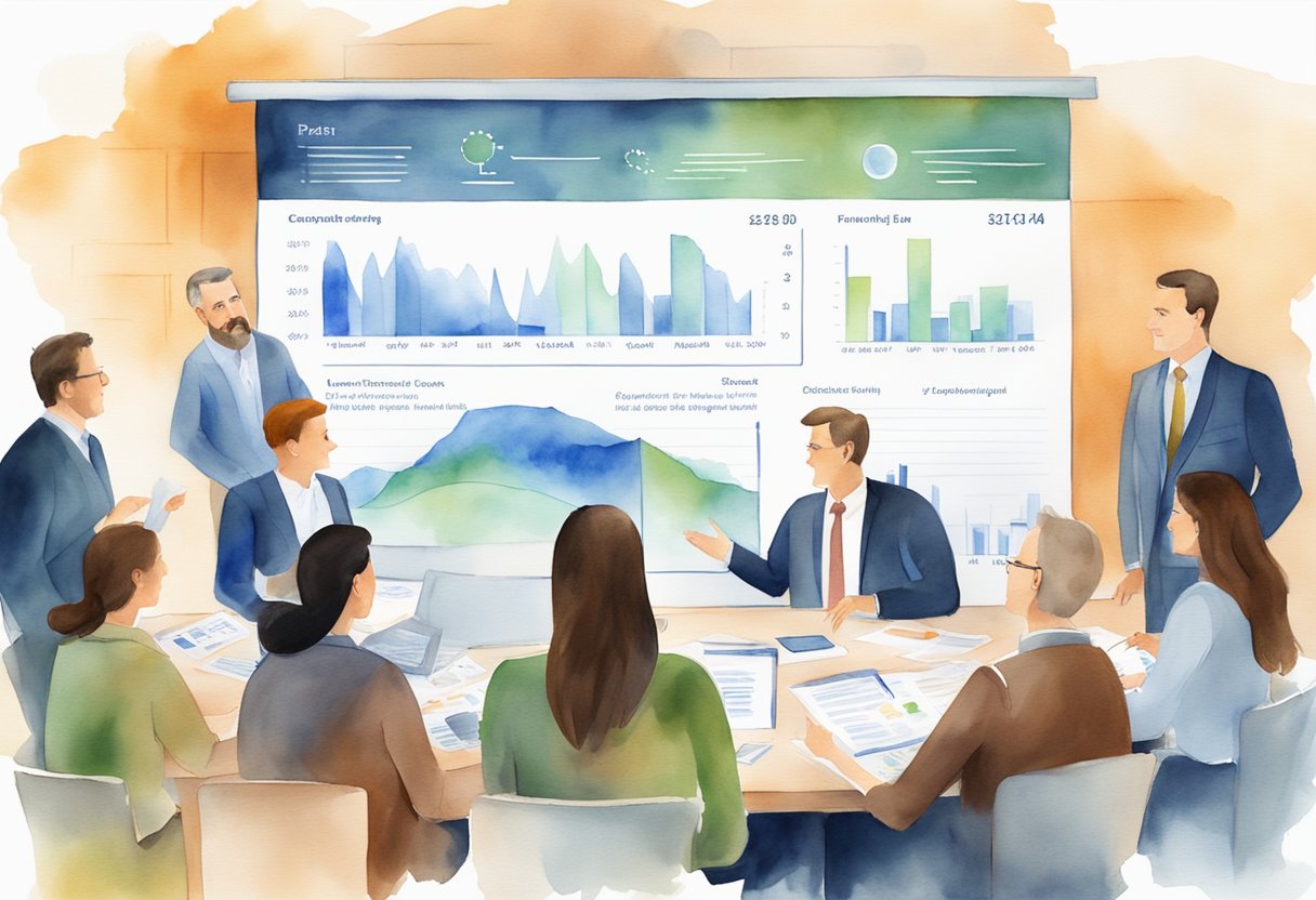 A group of investors discussing financial strategies for funding real estate projects in Maine. Charts and graphs are displayed on a large screen, while documents and contracts are spread out on the table