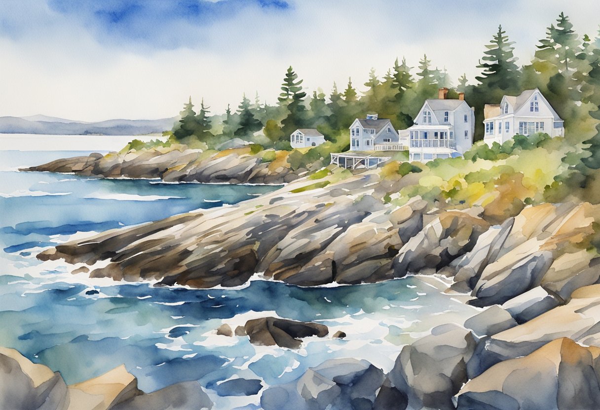 A scenic view of coastal Maine with various properties and landmarks, showcasing the potential for real estate investment