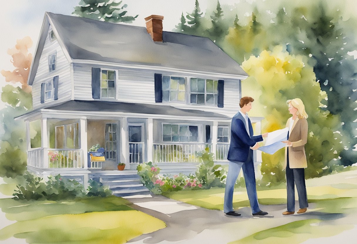 A real estate agent presents a property to a potential buyer in Maine. The buyer reviews documents and signs a purchase agreement