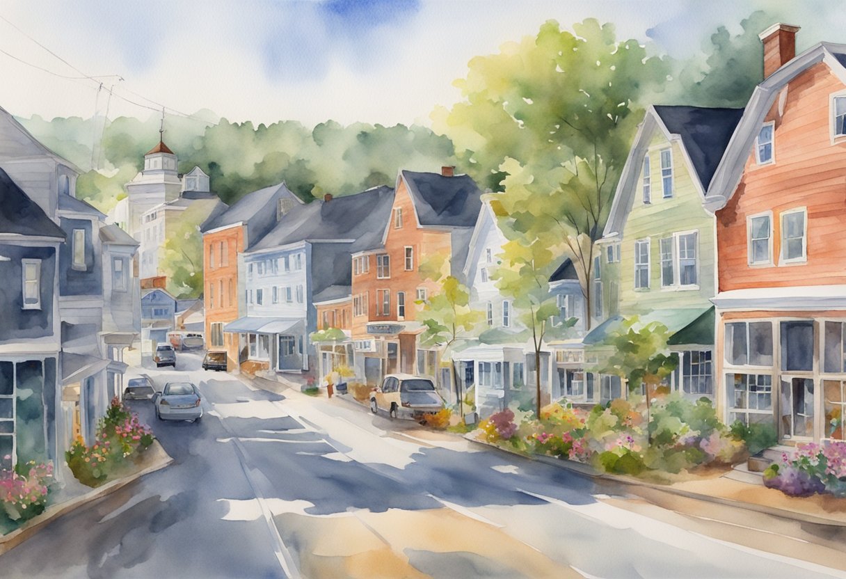 A bustling town in Maine with various properties being managed and developed for real estate investment and growth