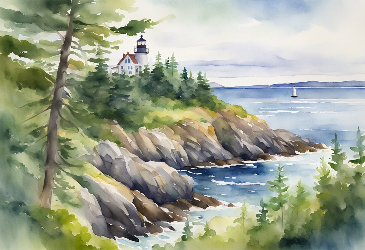 A scenic view of Maine's rugged coastline with a lighthouse in the distance, surrounded by lush forests and rolling hills, symbolizing long-term planning in real estate investing