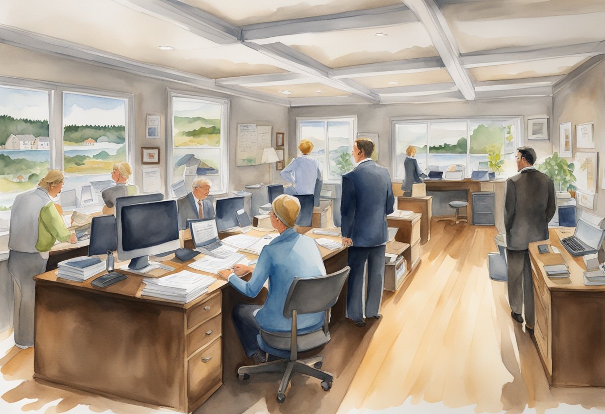 A bustling real estate office in Maine, with agents fielding questions from potential investors. Maps and property listings cover the walls, while clients eagerly await their turn for advice