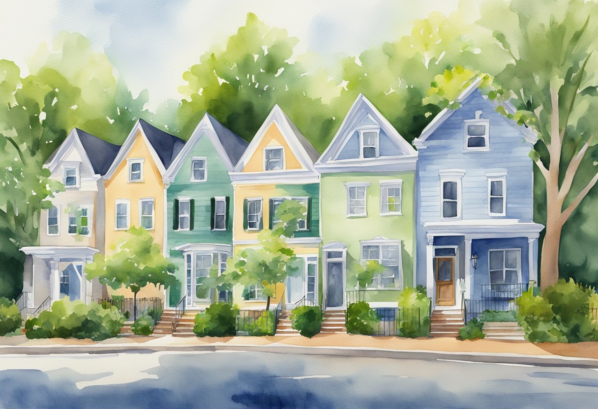 A row of townhouses in Maryland with "For Sale" signs, surrounded by lush greenery and a bustling urban backdrop