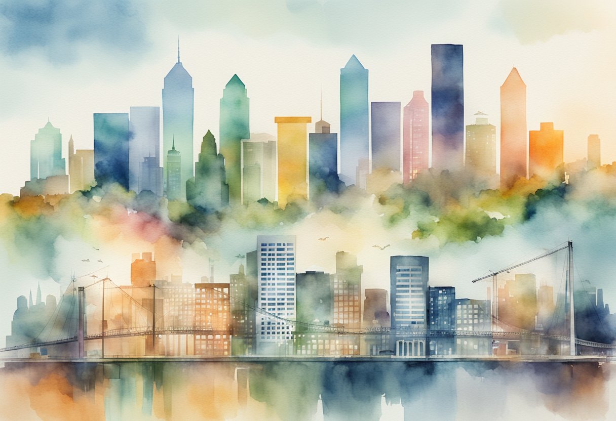 A bustling city skyline with real estate graphs and charts overlaid, symbolizing market trends in Maryland