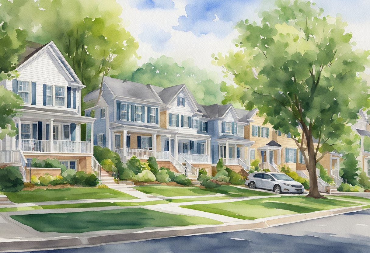 A suburban neighborhood in Maryland with rows of well-maintained houses, lush green lawns, and tree-lined streets, showcasing the appeal of real estate investing in the area