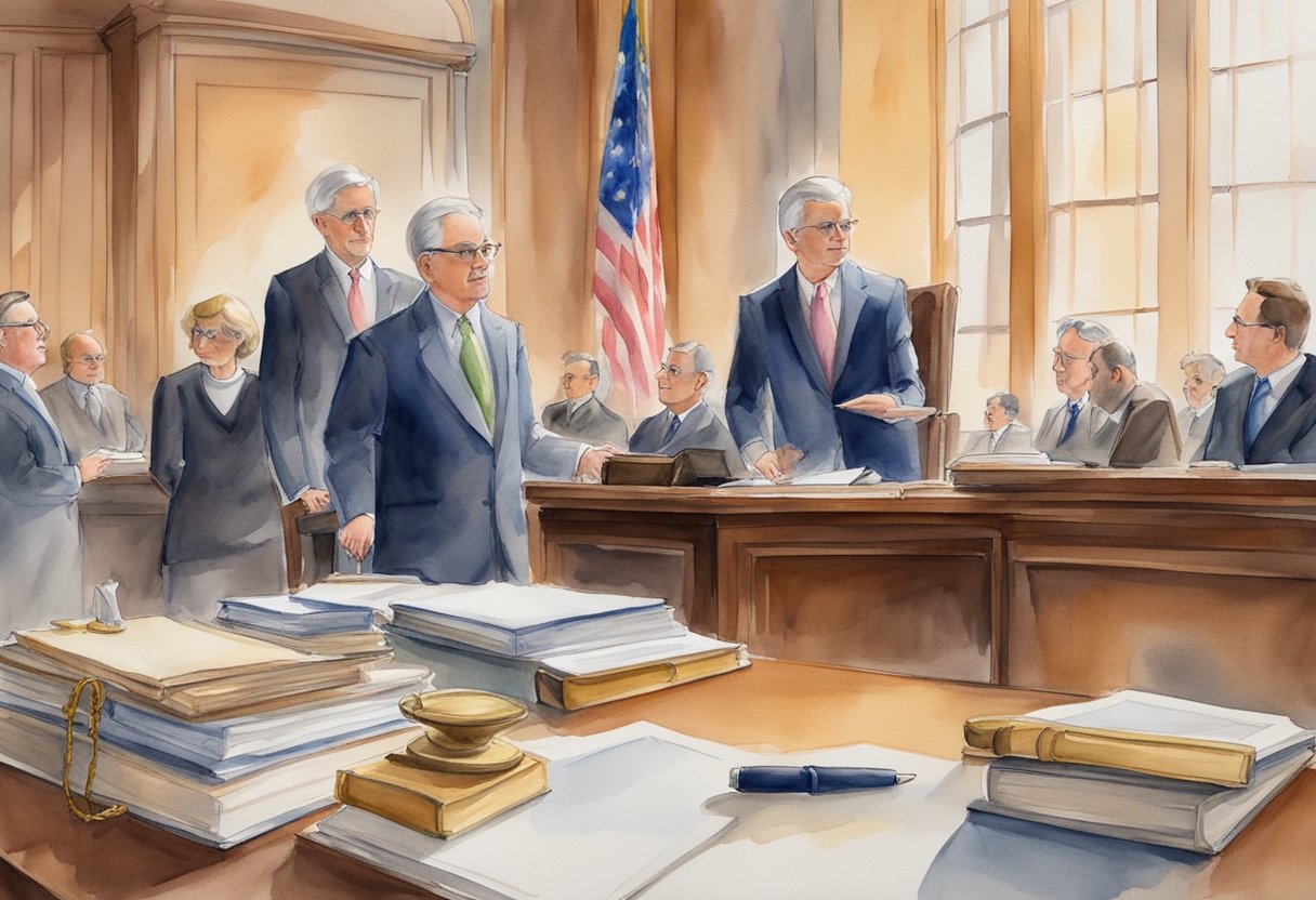 A courtroom with judges and lawyers discussing real estate laws in Maryland. Books and documents on a table, scales of justice in the background