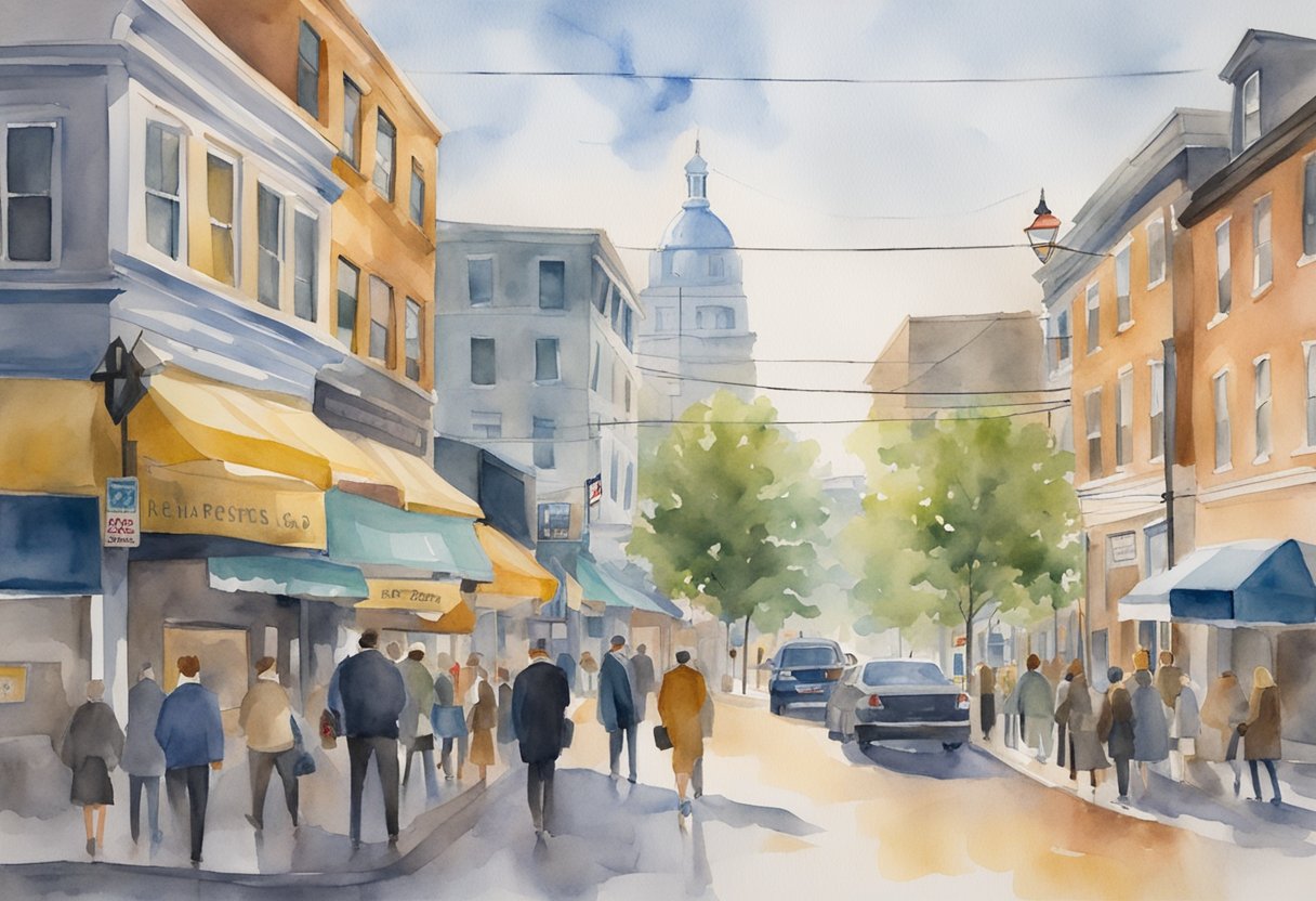 A bustling Maryland cityscape with real estate signs and agents networking