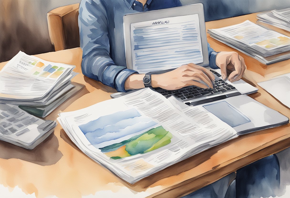 A person reading a pamphlet titled "Frequently Asked Questions: Real Estate Investing in Maryland" with a laptop and documents on a desk
