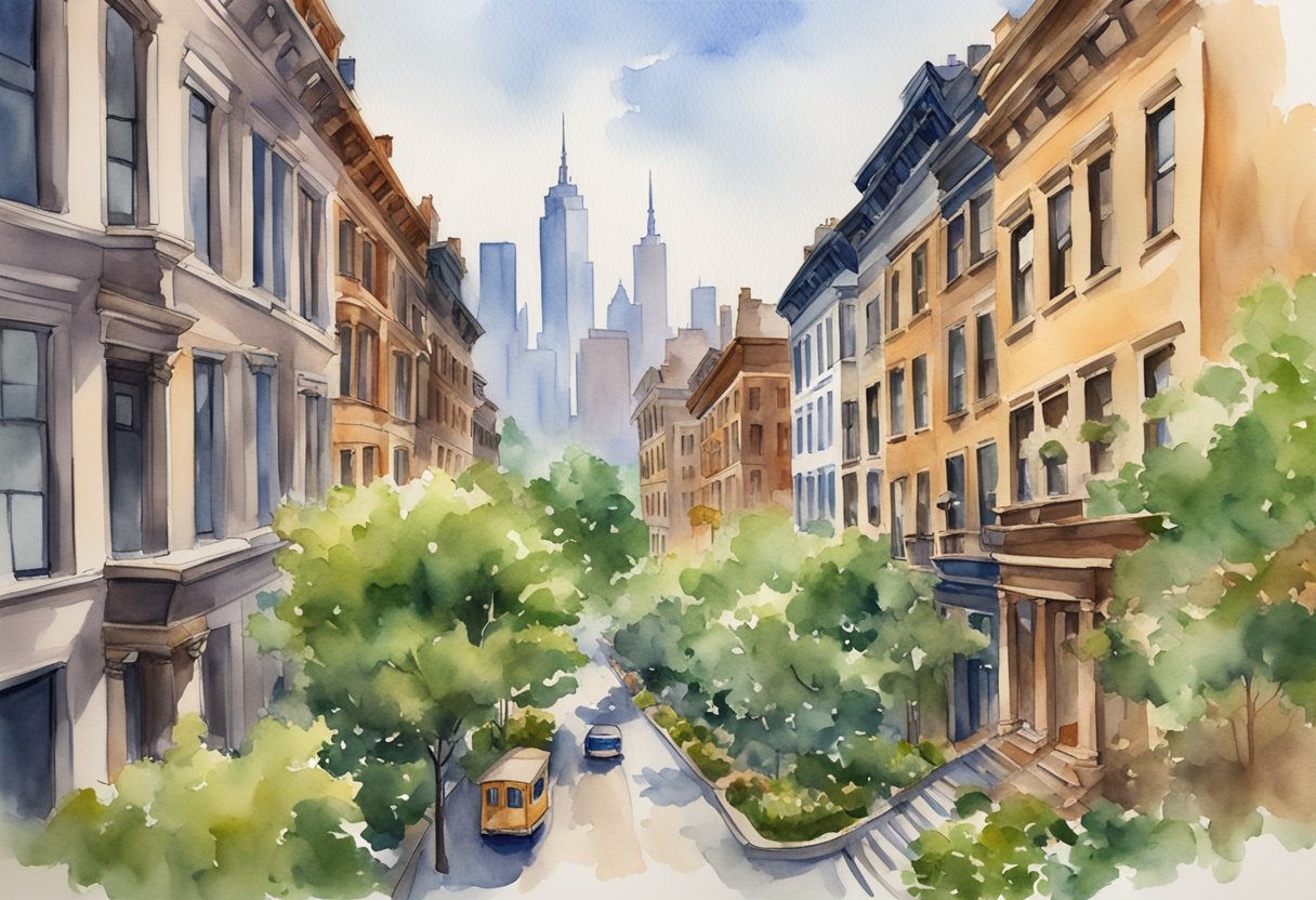 A bustling city skyline with rows of historic brownstone buildings, a mix of modern high-rises, and a scenic waterfront, all surrounded by lush greenery and vibrant neighborhoods
