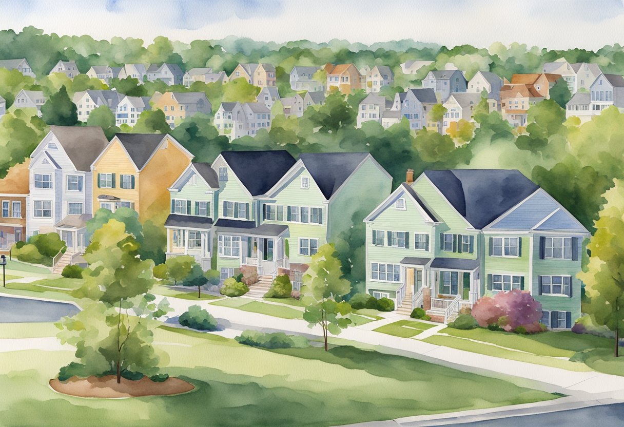 A suburban neighborhood with diverse housing styles in Massachusetts. A mix of single-family homes, townhouses, and apartment buildings. Green spaces and sidewalks create a welcoming atmosphere for real estate investing