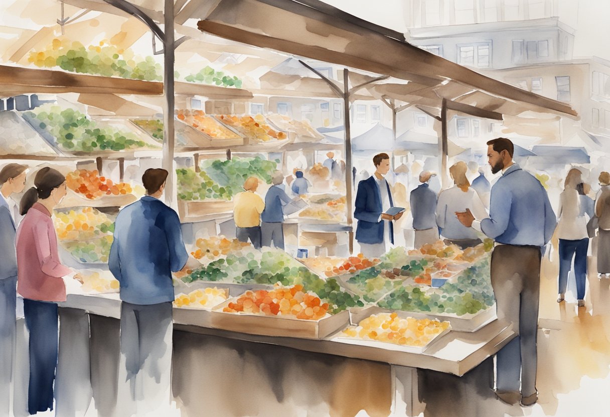 A bustling market with charts and graphs showing real estate trends in Massachusetts. Investors discuss and analyze data, while properties are displayed in the background