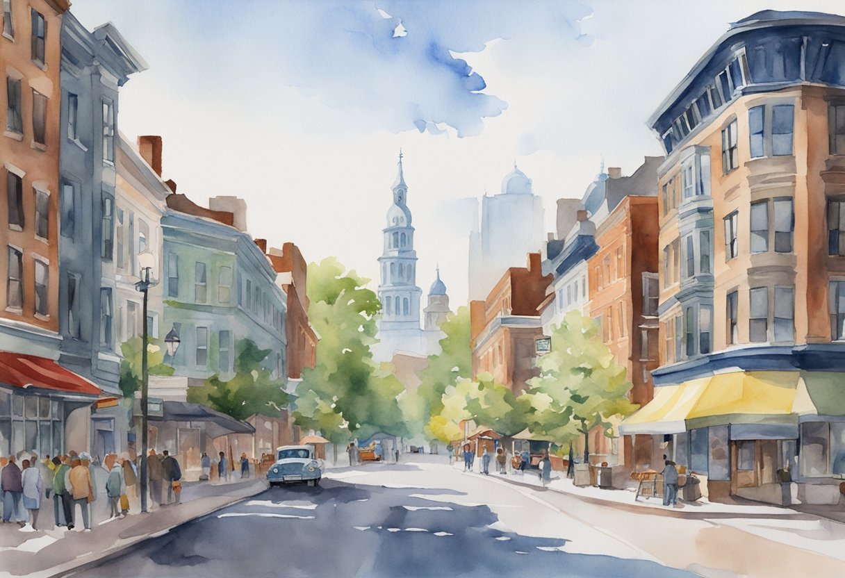 A bustling city street in Massachusetts with a mix of historic and modern buildings, showcasing the vibrant real estate investment opportunities