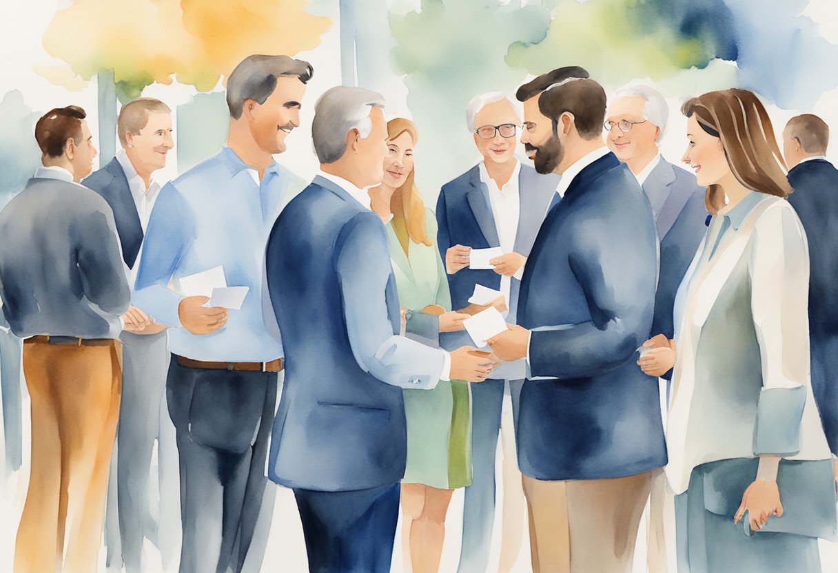 A group of real estate investors networking at a Massachusetts event, exchanging business cards and discussing investment opportunities