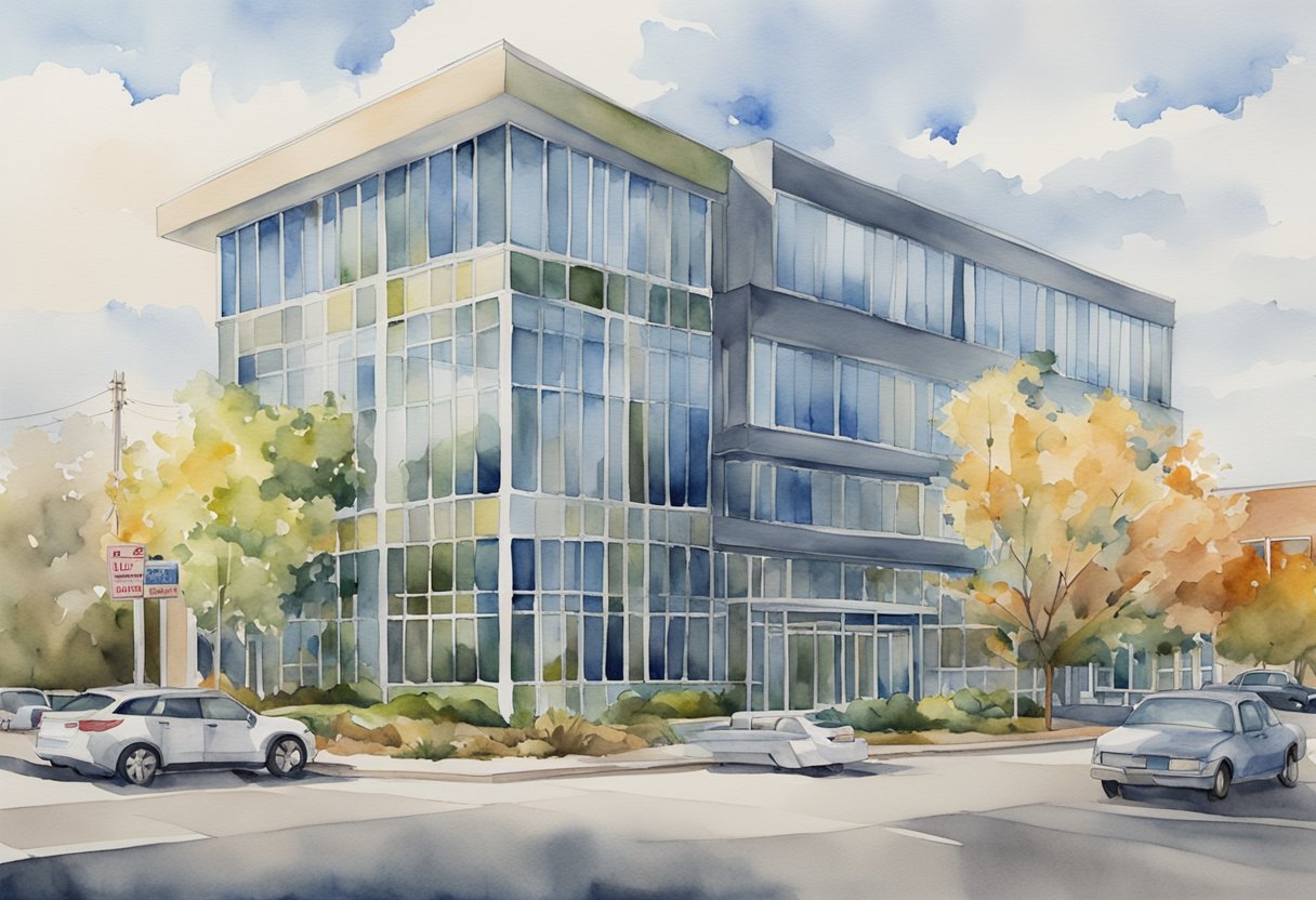 A modern office building with "Ownership and Property Management" signage in Massachusetts. Surrounding properties show signs of real estate investment and management
