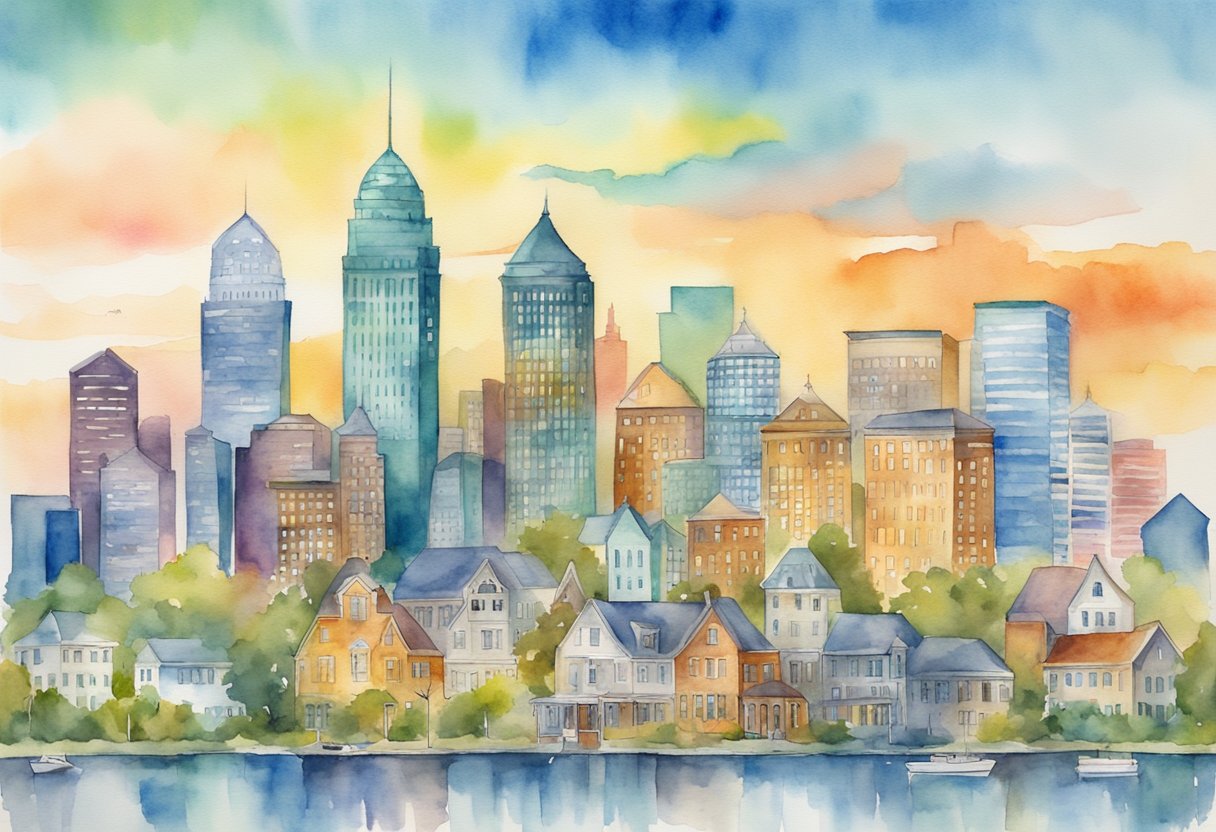 A vibrant city skyline with various properties and real estate landmarks in Massachusetts, showcasing the diversity and potential for long-term success in real estate investing
