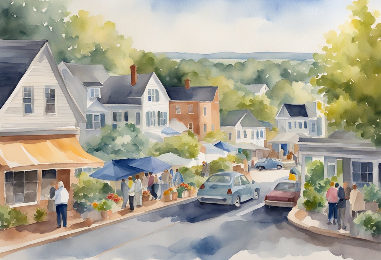A bustling real estate market in Massachusetts, with investors discussing deals and analyzing properties. Signs of "For Sale" and "Sold" dot the landscape