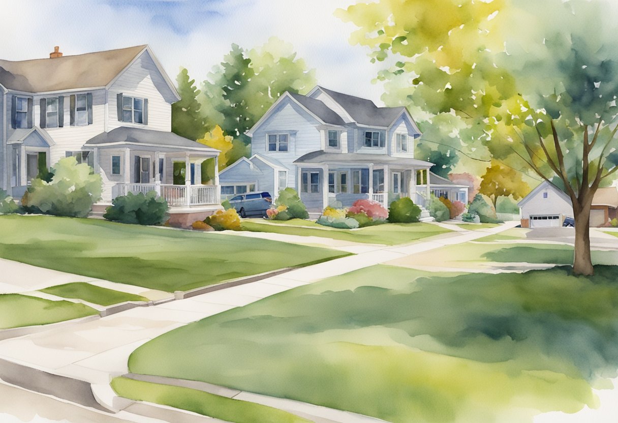 A suburban neighborhood in Michigan with houses, a "For Sale" sign, and a real estate agent meeting with potential buyers