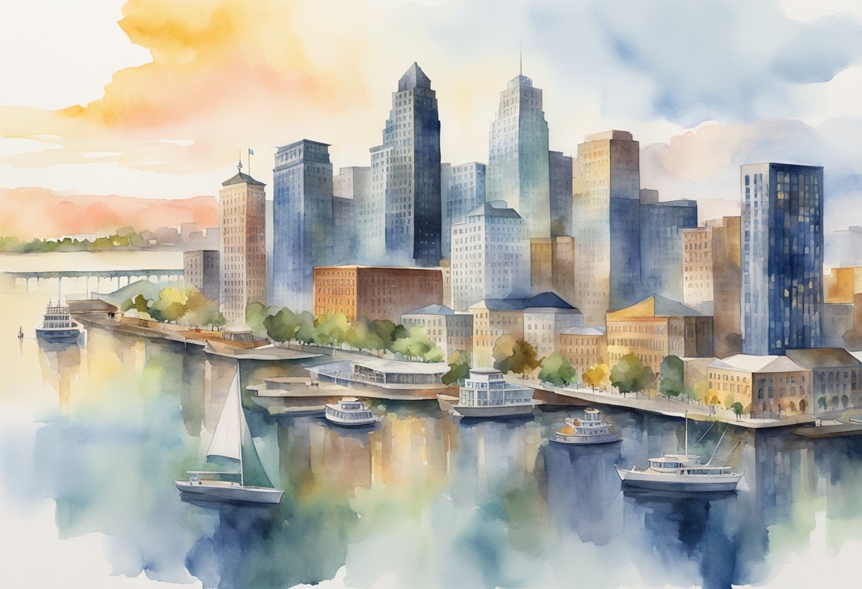 A bustling city skyline with diverse neighborhoods, commercial hubs, and scenic waterfronts, showcasing the potential for real estate investment in Michigan