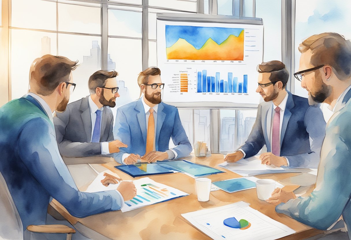 A group of investors discussing real estate opportunities in Michigan, with charts and graphs displayed on a screen
