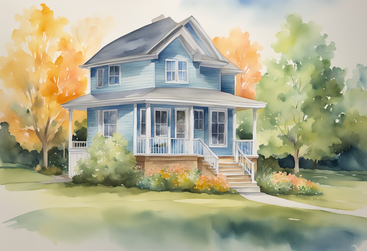 A house in Michigan surrounded by fluctuating market charts, changing interest rates, and economic indicators