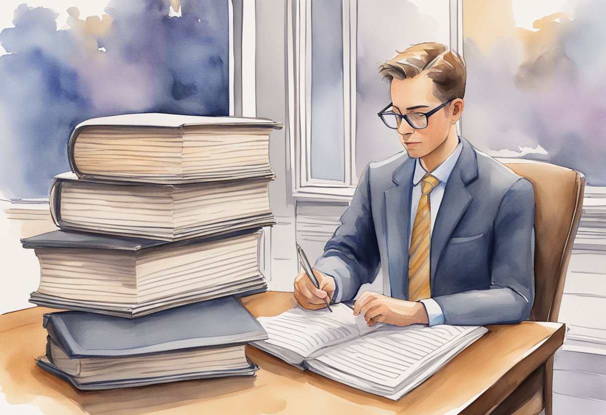 A person reading a thick book titled "Minnesota Real Estate Laws" with a stack of legal documents and a regulation sign in the background