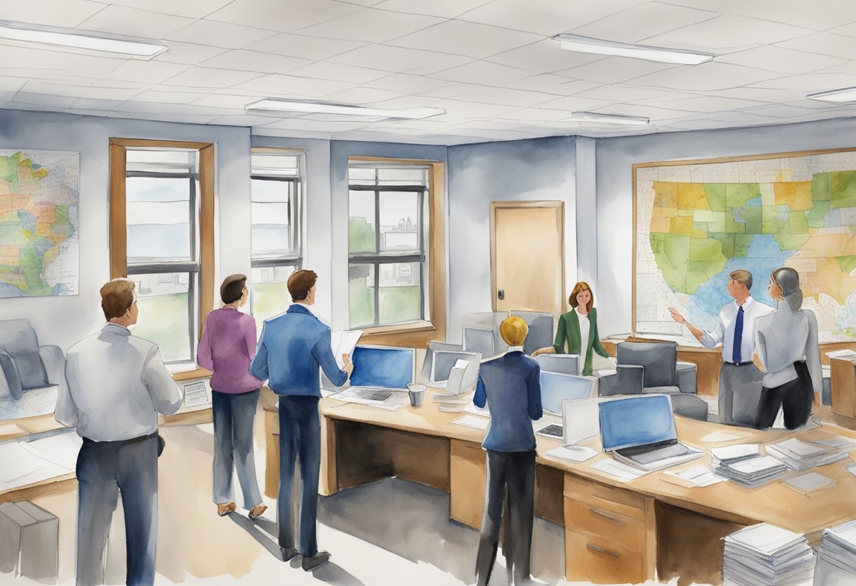 A bustling real estate office in Minnesota, with agents fielding questions from potential investors. Maps and brochures line the walls, and a whiteboard displays key information