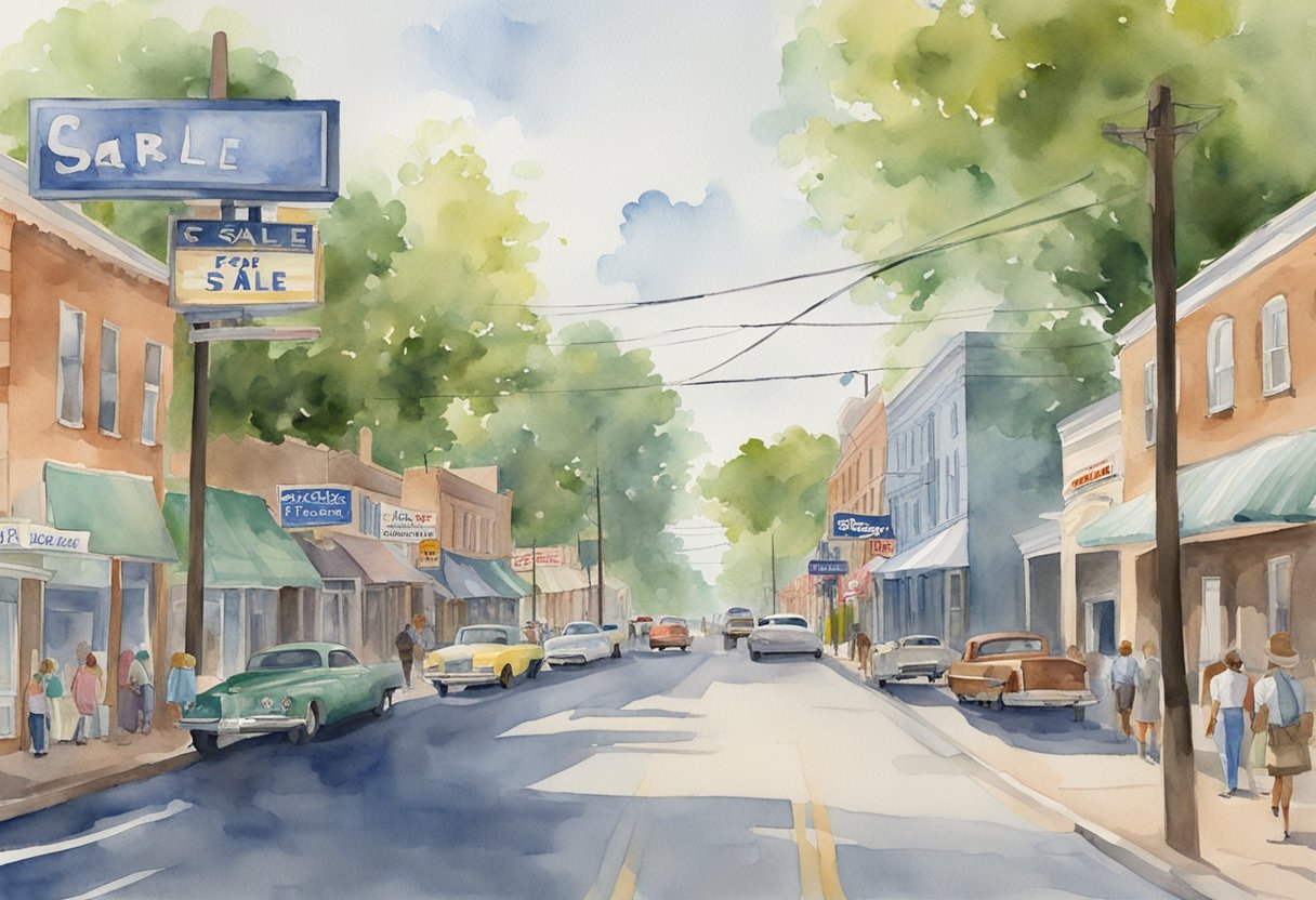 A bustling street in Mississippi with "For Sale" signs on various properties, investors discussing deals, and a mix of residential and commercial buildings