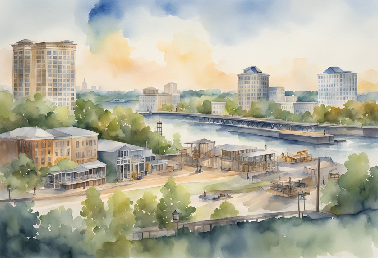 A bustling Mississippi city skyline with prominent real estate properties and construction sites, surrounded by natural landscapes and waterfront views