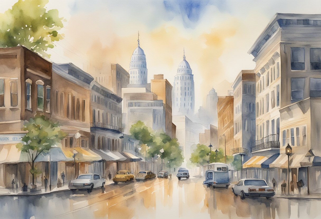 A bustling Mississippi cityscape with diverse real estate properties and investment symbols