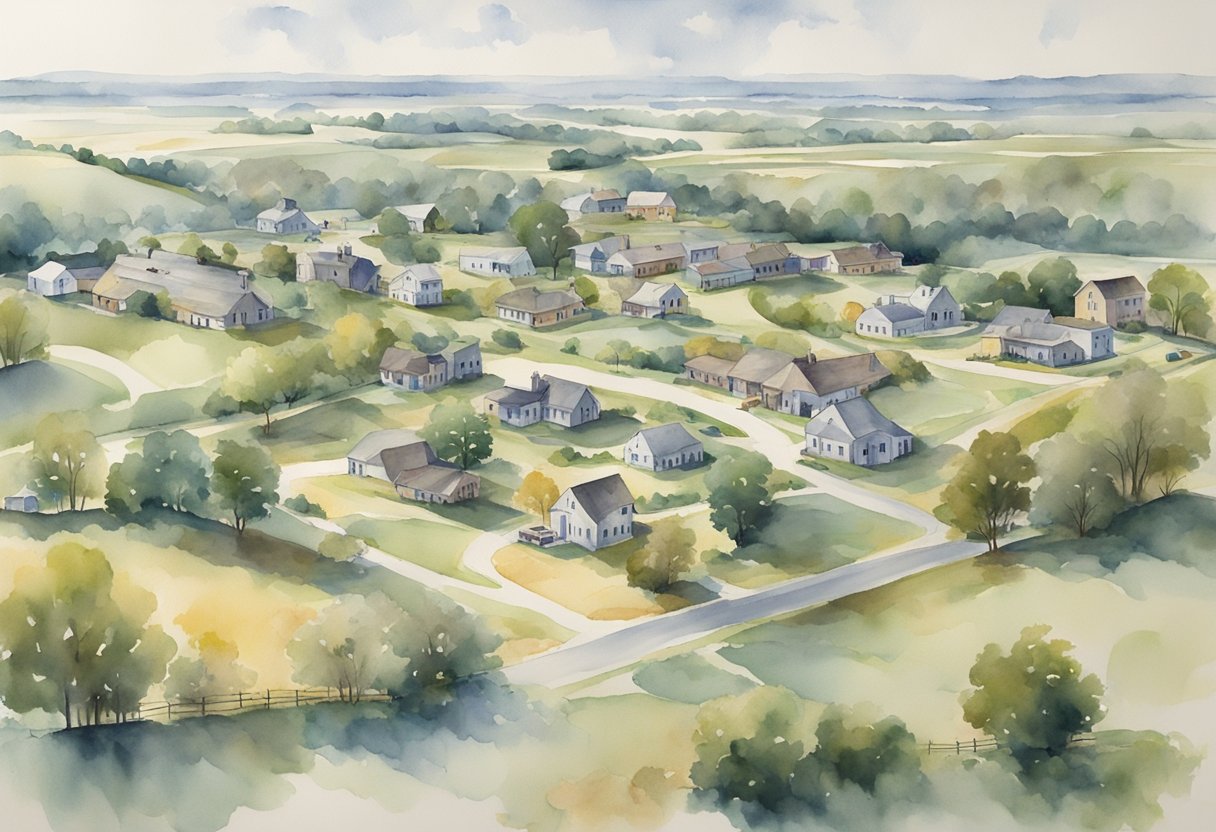 A sprawling Mississippi landscape with various real estate properties, including residential homes, commercial buildings, and vacant land. A mix of urban and rural settings, showcasing the diversity of investment opportunities in the state