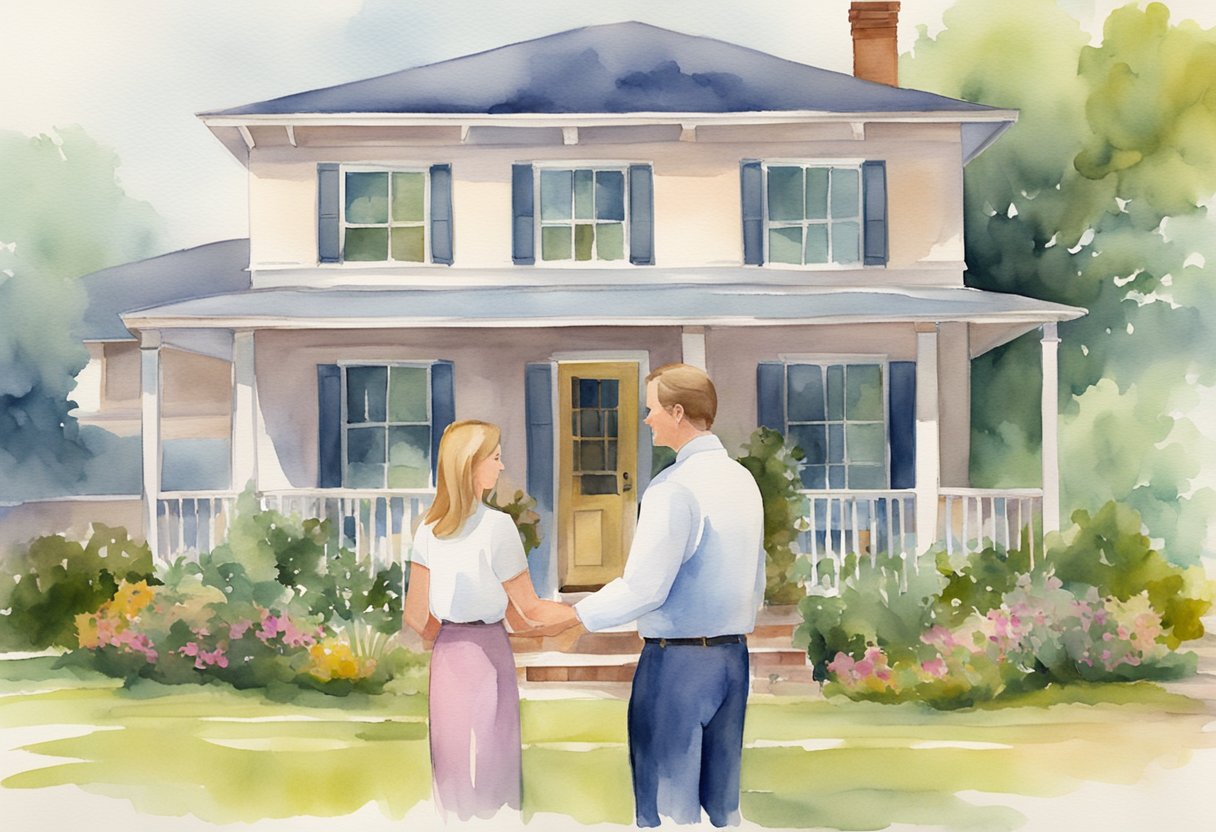 A couple shaking hands with a real estate agent in front of a charming Mississippi home, while a "For Sale" sign stands in the yard