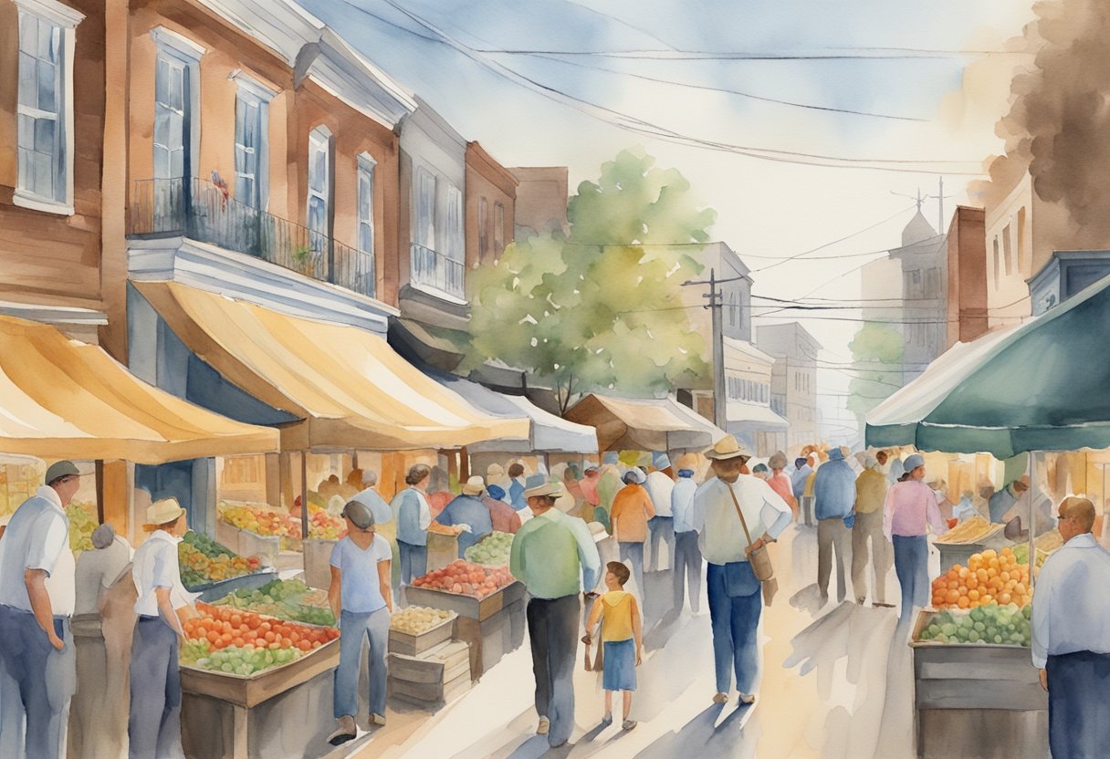 A bustling market scene in Mississippi, with real estate charts and graphs displayed, investors discussing future outlook, and a sense of anticipation in the air