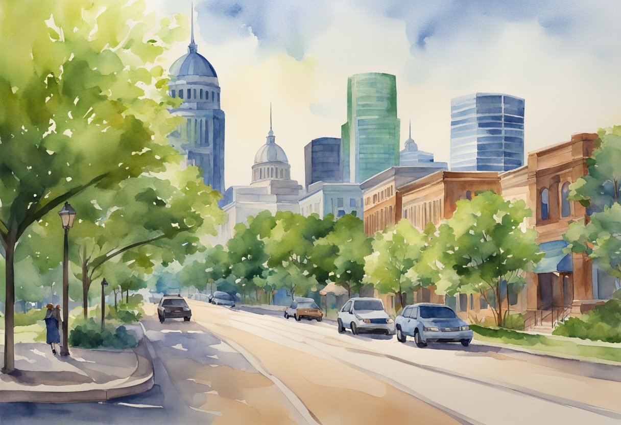 A vibrant cityscape of St. Louis, Missouri, with skyscrapers and bustling streets, surrounded by lush green countryside and charming suburban neighborhoods