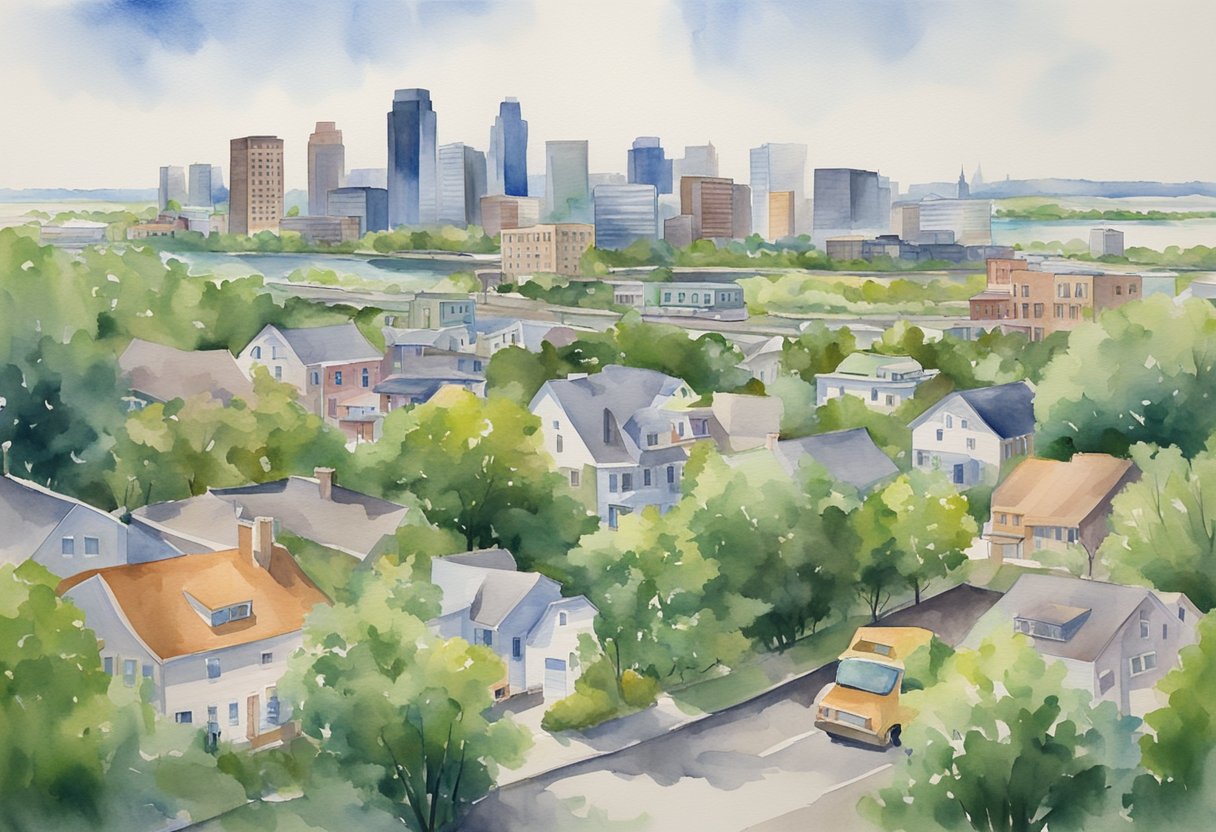 A bustling Missouri city skyline with "For Sale" signs dotting the landscape. A diverse mix of residential and commercial properties, surrounded by lush greenery and a river winding through the scene