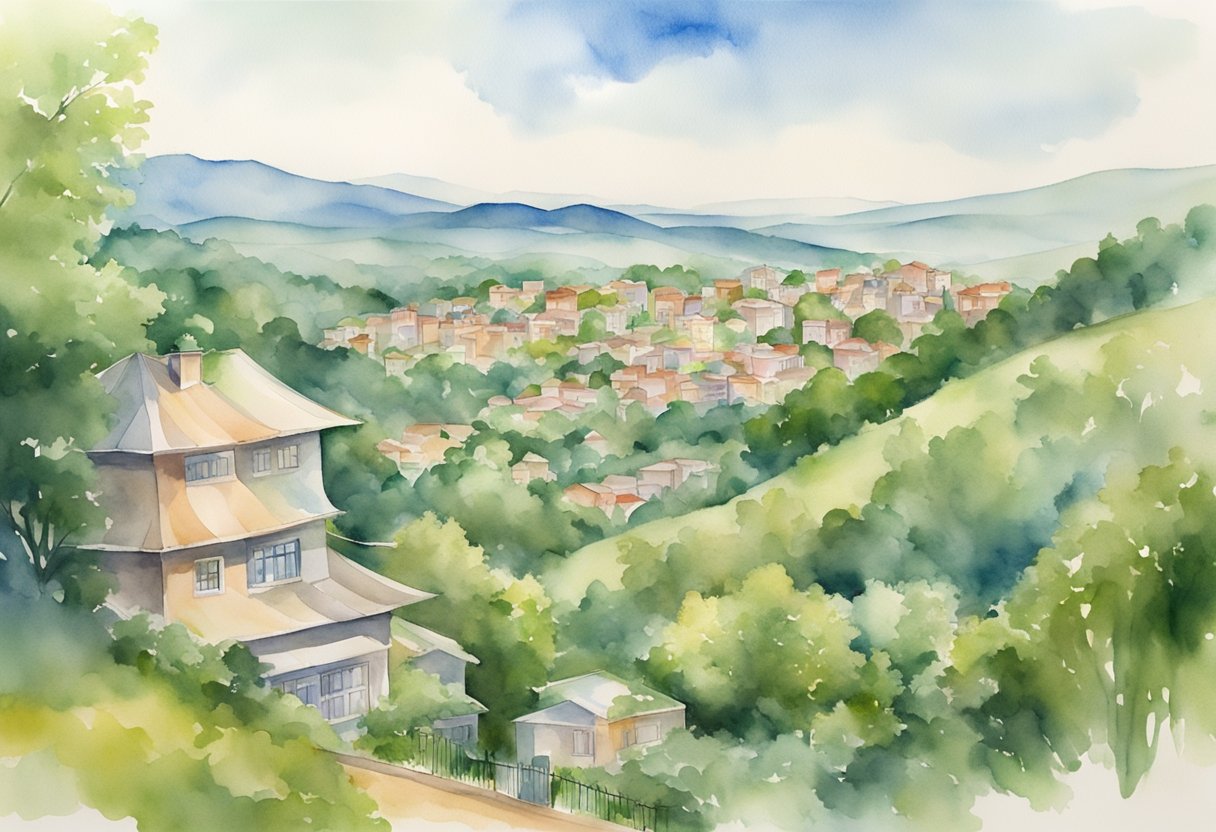 A bustling city skyline against a backdrop of rolling hills and lush greenery, with various real estate properties scattered throughout the landscape