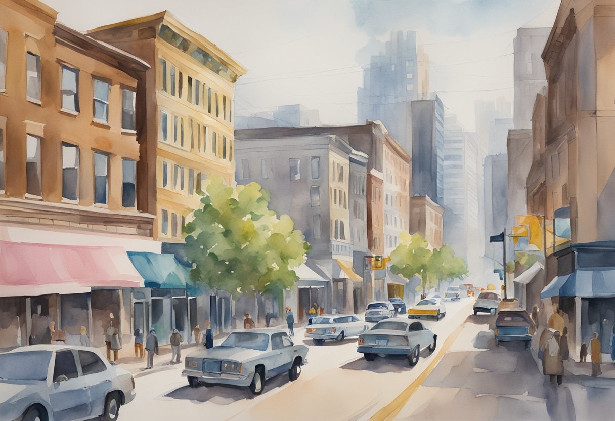 A bustling cityscape in Missouri, with tall buildings and residential neighborhoods. Signs of economic growth and development, such as construction sites and "For Sale" signs, are visible throughout the area