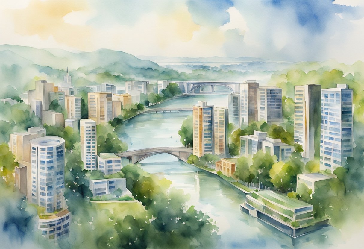 A bustling city skyline with various real estate properties, including office buildings, residential complexes, and retail spaces, all surrounded by lush greenery and a flowing river