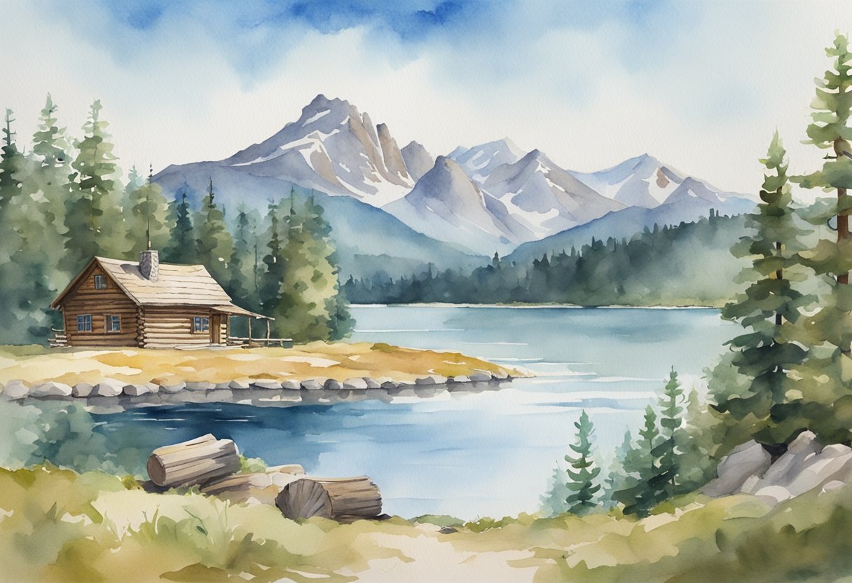 A mountainous landscape with a log cabin nestled among pine trees, a serene lake, and a clear blue sky, showcasing the potential for real estate investing in Montana
