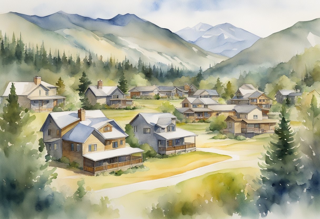 A mountainous landscape with a mix of residential and commercial properties, showcasing the diversity of real estate investments in Montana