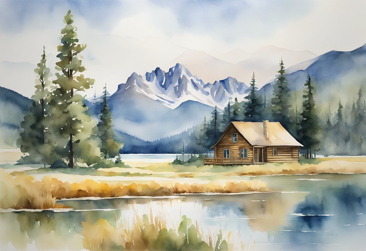 A picturesque Montana landscape with mountains, forests, and a serene lake. A real estate sign stands in front of a charming cabin, surrounded by open land and potential investment properties