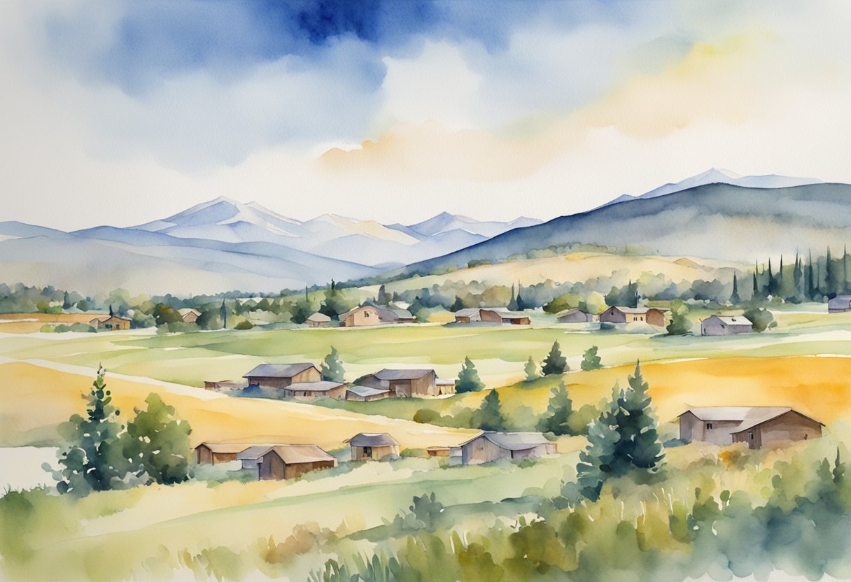 A picturesque landscape of Montana with various real estate properties, including houses, commercial buildings, and open land, showcasing the diversity of real estate investments in the state