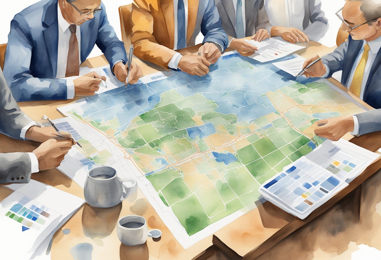 Investors discussing Montana real estate over a map, with charts and graphs on a table