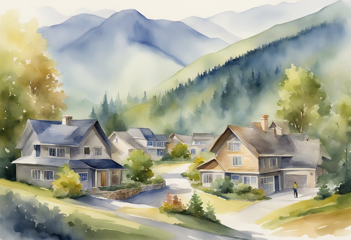A mountainous landscape with a mix of residential and commercial properties, a real estate investor reviewing documents and conducting inspections
