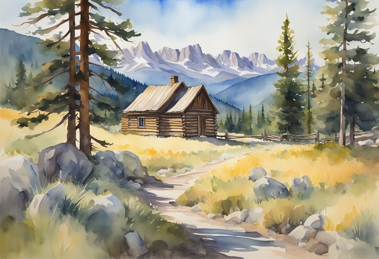 A picturesque Montana landscape with a rustic cabin nestled in the mountains, surrounded by tall pine trees and a clear blue sky