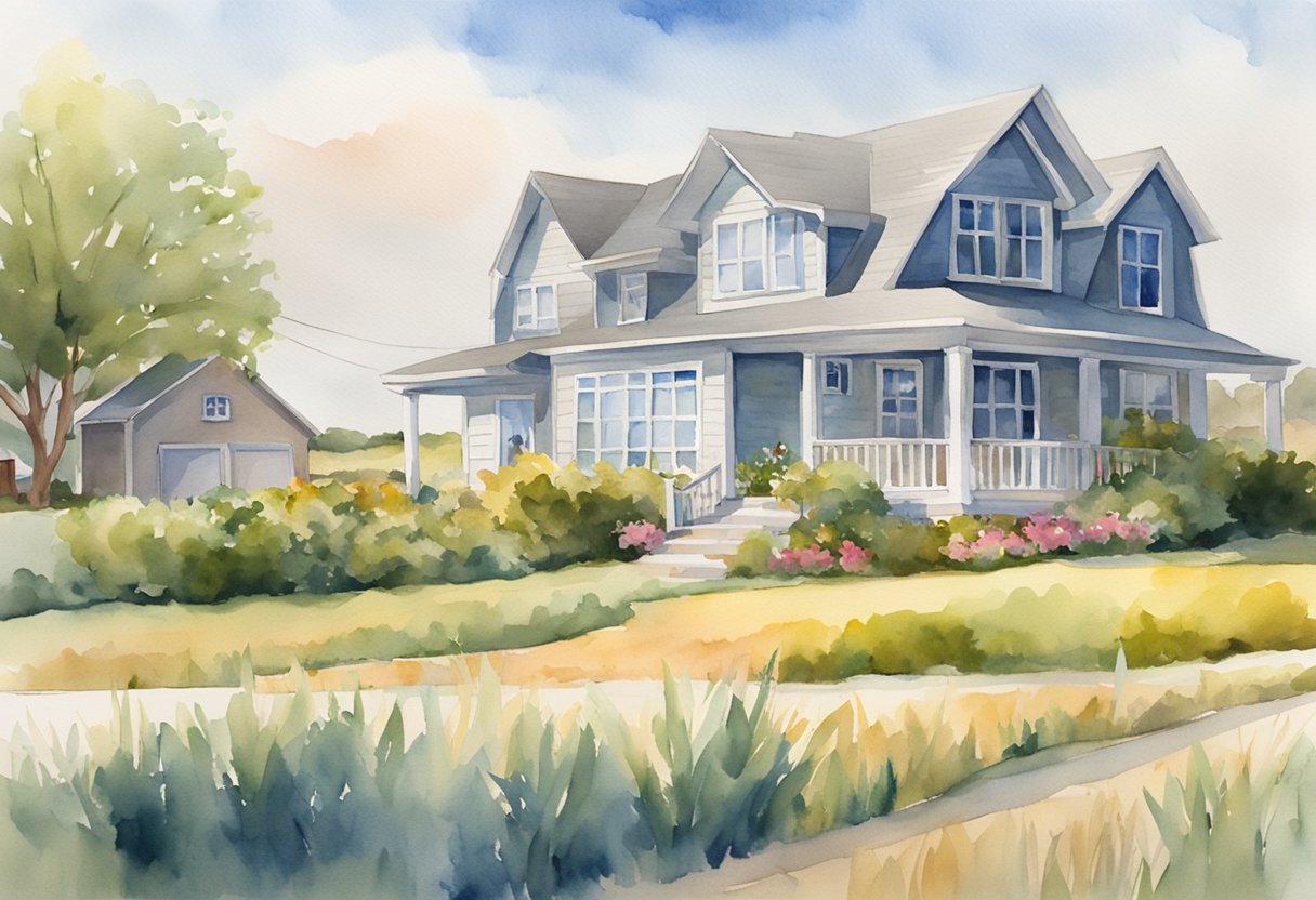 A sunny Nebraska landscape with a mix of farmland and suburban homes. A real estate sign stands in front of a charming house with a "For Sale" banner