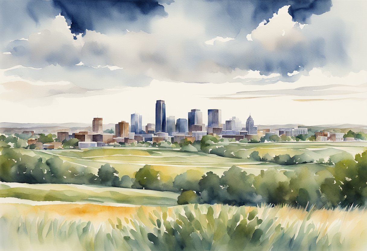 The skyline of Omaha, Nebraska, with a mix of residential and commercial properties, surrounded by farmland and open spaces