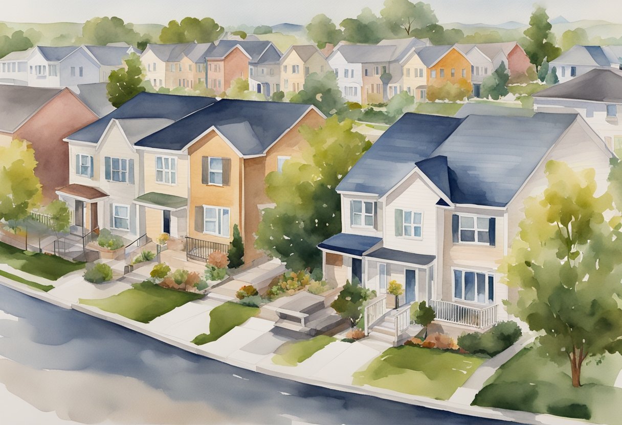 A suburban neighborhood with a mix of single-family homes, duplexes, and small apartment buildings. A commercial strip with retail stores and restaurants. Farmland on the outskirts