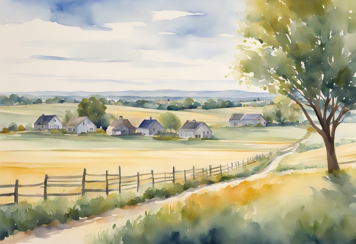 A Nebraska landscape with rows of houses, a bustling downtown, and a serene rural area, all surrounded by fertile farmland and open skies