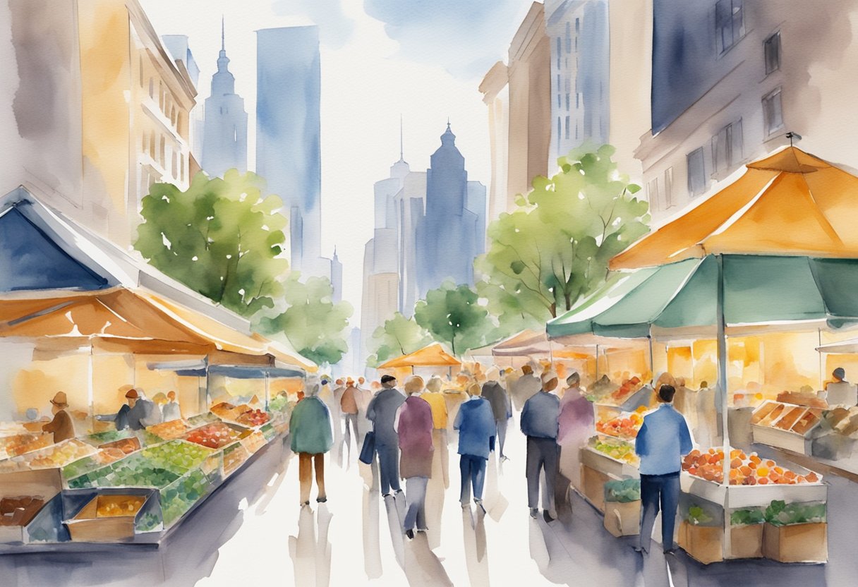 A bustling market with charts and graphs showing real estate trends in Nebraska, surrounded by optimistic investors discussing long-term outlook
