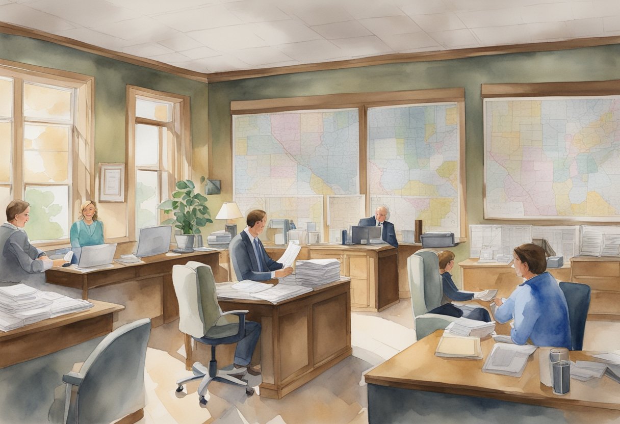 A bustling real estate office in Nebraska, with clients and agents engaged in discussions and paperwork. The walls are adorned with maps and property listings